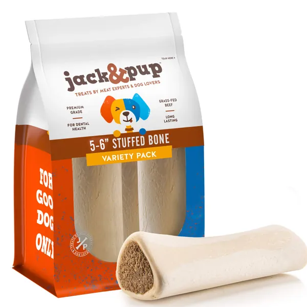 Jack&Pup Filled Dog Bones for Aggressive Chewers, 5 to 6" Dog Chew Treats Dog Bone (Flavors: Peanut Butter, Bacon & Cheese, Bully Sticks) All Natural Dog Bones (3 Piece Pack) - Variety - (3 Pack)