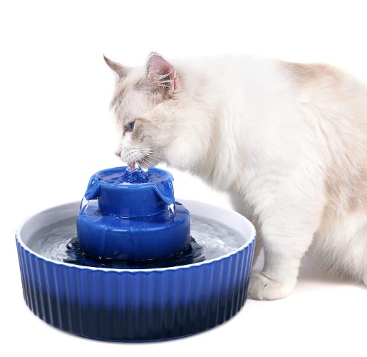 Cepheus 360 Ceramic Pet Fountain, Advanced Porcelain Cat Water Fountain, 70 oz.Drinking Fountains Bowl for Cat and Dogs with Carbon Filter and Foam (Sapphire Blue)