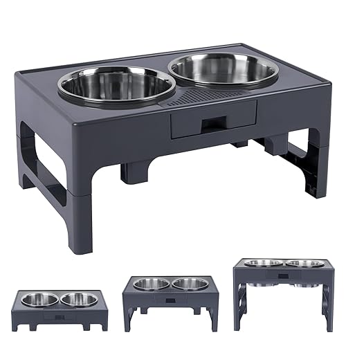 Elevated Dog Bowls, Stainless Steel Raised Dog Bowl with Adjustable Stand, Double Dog Food and Water Bowl for Medium Large Dogs or Cat, 3 Heights 3.9”, 7.8”, 11.8” (Dark Grey) - Dark Grey