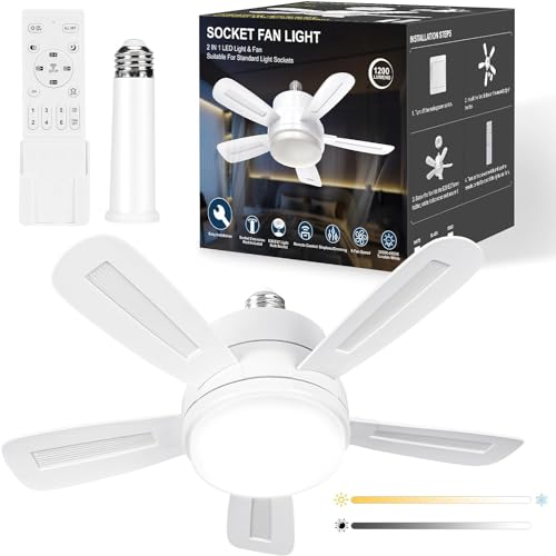 REYLAX Ceiling Fans with Lights and Remote, 15.7 inch E27 Base Socket Fan Light, 6 Fan Speed, 3 Colours 3000K-6000K, Stepless Dimmable 1200 Lumens, Fan Lights Ceiling for Bedroom, Kitchen, Garage
