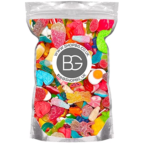 BG Mixed Quality Pick & Mix Sweets - Large Retro Candy Sweeties Assortment, 1kg Pouch Gummy Jelly Fizzy Gift Chewy PicknMix