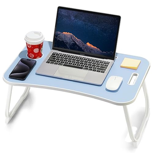 ZEAPTAC Laptop Bed Desk, Foldable Lap Table, Portable Study Table, Laptop Stand with Cup Holder & Tablet Slot & Lifting Handle for Working Writing Drawing & Eating - Blue - Blue