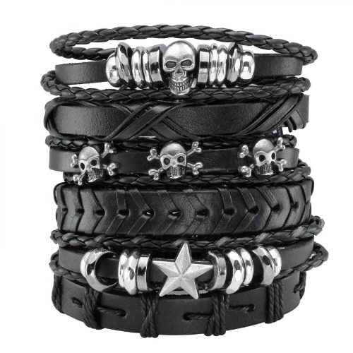 MILAKOO 6Pcs Men Braided Leather Bracelet Black Punk Rock Skull Bracelet - Black