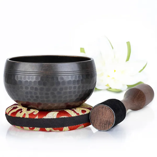 Tibetan Singing Bowl Set — Easy to Play with New Dual-End Striker & Cushion ~ Creates Beautiful Sound for Holistic Healing, Meditation & Relaxation ~ Beaten Antique in Matte Design - Matte Brown
