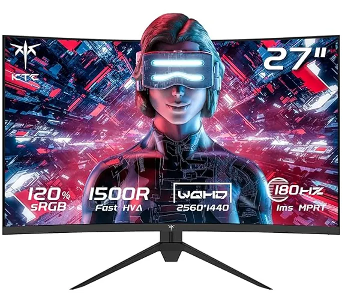 KTC Monitor Gaming Curvo de 27 Pulgadas, 180Hz, 2K QHD 2560 x 1440p, 1ms, VA 1500R Sin Marco, FreeSync & G-Sync, 16:9, 120% sRGB, Pantalla de reducción de luz Azul, DP 180Hz, HDMI 144Hz, H27S17 - 27" 180Hz Curvo