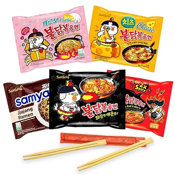 Pack de 5 Ramen Selección Top Cia&Co con Samyang Buldak Pollo Hot, Carbonara, 2X Spice, Pollo Curry y Samyang Cerdo Picante. Incluye 2 pares de palillos. Fideos instanteneos coreanos.