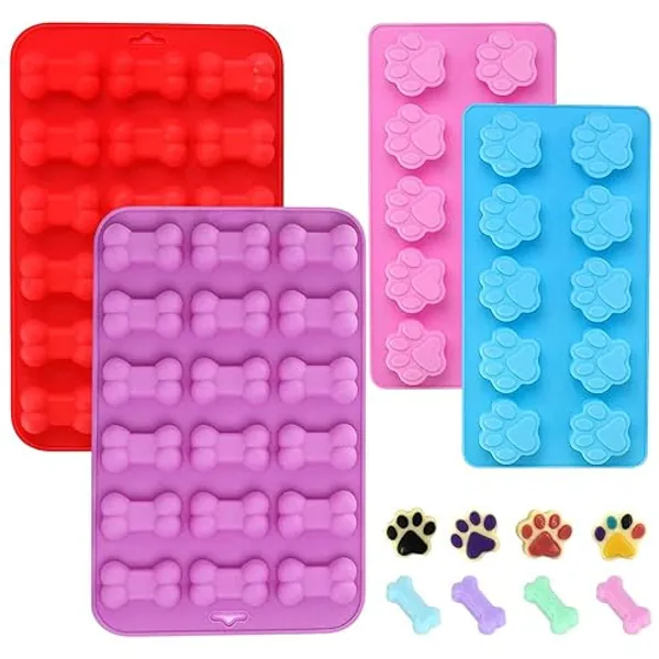 4 Piezas Aoldes de Silicona con Estampado de Pata de Cachorro y Forma de Hueso de Perro Moldes de Silicona para Chocolate Moldes de Jabon Silicona de Bricolaje para Dulces,Golosinas para Perros