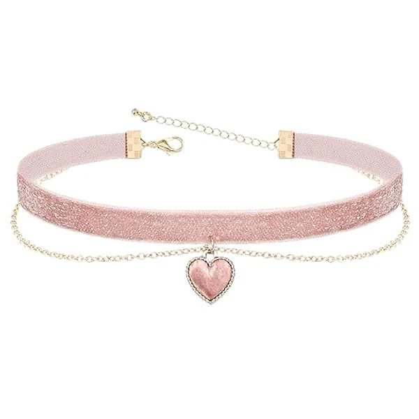 Heveer Collar de Terciopelo Collar de Doble Capa con Colgante de Corazón Gargantilla Gótica Ajustable para Señoras Chicas - Terciopelo Rosa