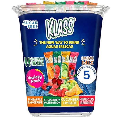 Klass Aguas Frescas Powdered Drink Mix | 44 Sugar Free Powder Packets | Flavors - Cucumber Limeade Pineapple Tangerine Strawberry Watermelon & Hibiscus Berries - Water Enhancer To Go! - Aguas Frescas