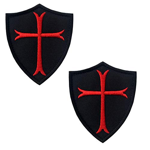 2 Pieces Knights Templar Cross Shield Patch Crusader Tactical Military Morale Embroidered Fastener Hook & Loop Badge Armband Shoulder Emblem Applique for Coat Jacket Gear Cap Hat Backpack