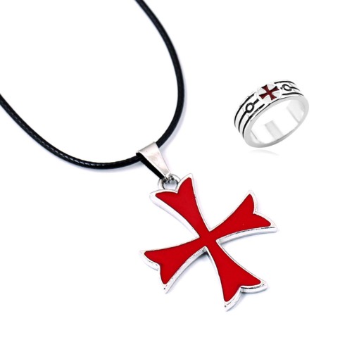 YouU 2 Pcs Masonic Knights Templar Crusader Red Cross Stainless Steel Pendant Necklace and Ring for Men