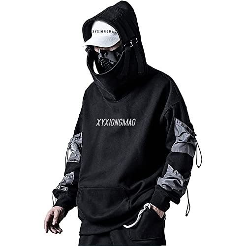 XYXIONGMAO Streetwear Techwear Hoodie Cyberpunk Tactical Mens Black Urban Hip Hop Japanese Sweatshirt - XL - Black
