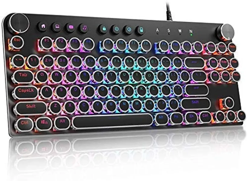 Gaming Keyboard, STOGA Wired Retro Mechanical Keyboard Blue Switch RGB Backlit Knobs with Round Keycaps 87 Keys Full Anti-ghosting, 2-in-1 Typewriter Gaming Keyboard, Gamer and Office Use, US Layout