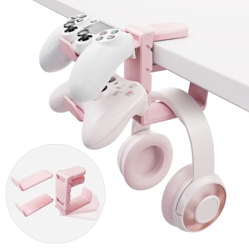 3-in-1 PC Gaming Headset&Controller Holder - EURPMASK Headphone Stand w/Adjustable Clamp & 2 Controller Holder& Rotating Arm & Cable Organizer, Cute PC Gaming Accessory Controller Headset Holder-Pink - 1 Unit - Gaming PK