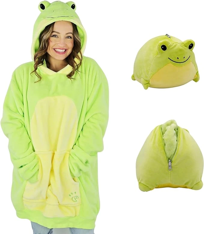 Plushible Wearable Blanket - Blanket Hoodie for Teens & Women - Oversized Hooded Animal Blankets - Cozy & Comfy Front Pocket & Long Sleeves - Strawberry Cow Hood - Valentines Day Gifts - Adult Frog