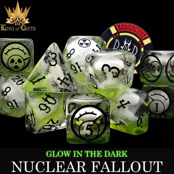 Nuclear Fallout Exclusive 11 Dice Set | Glow in the Dark Nuke Wasteland DND DICE | King of Crits Brand