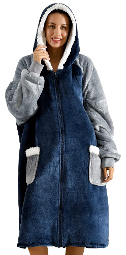 Sioloc Wearable Blanket Hoodie for Women/Kids/Men, Oversized & Cozy Sherpa Hoodie Sweatshirt Blanket Zipper(NavyGrey,Standard)