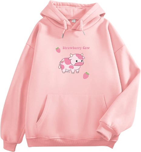 Pullover Sweatshirts for Women Cute Strawberry Cow Print Hoodie Casual Fuzzy Top