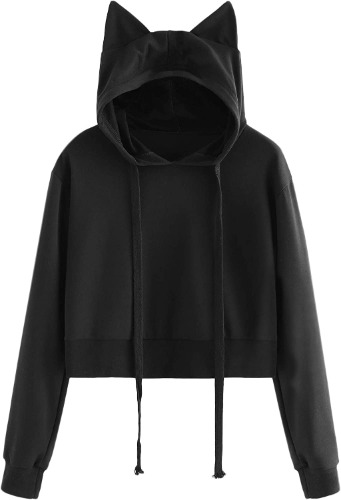 SweatyRocks Women's Long Sleeve Hoodie Crop Top Cat Print Sweatshirt - Medium Black#2