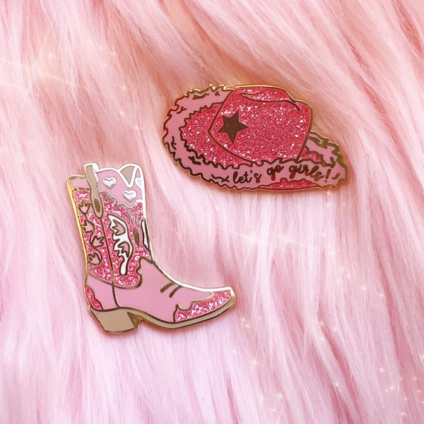 Pink Cowgirl Boot Enamel Pin - Cowgirl Hat Enamel Pin - Space Cowgirl - Disco Cowgirl Bachelorette Party - Cowboy Southwest - Let&#39;s Go Girls