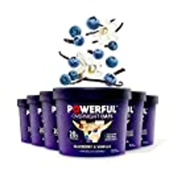 POWERFUL NUTRITION Overnight Oats, Instant Oatmeal Cup with 20g Protein, Blueberry & Vanilla, Pack of 6, Kosher, Low Sugar