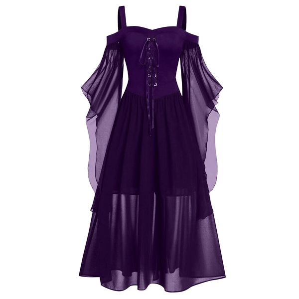 Women Cosplay Long Dresses Halloween Costumes Cold Shoulder Butterfly Sleeve Lace Up Halloween Gothic Dress Evening Dresses