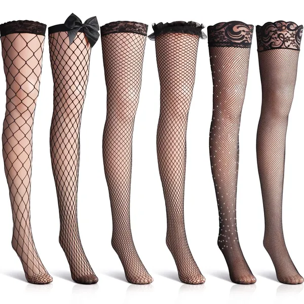 6 Pairs Fishnet Thigh High Stocking Lace Top Over the Knee Stocking Rhinestone Bow