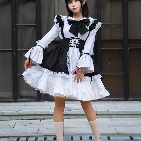 Men Women Maid Outfit Anime Sexy Long Black White Apron Dress Sweet Gothic Lolita Dresses Cosplay Costume