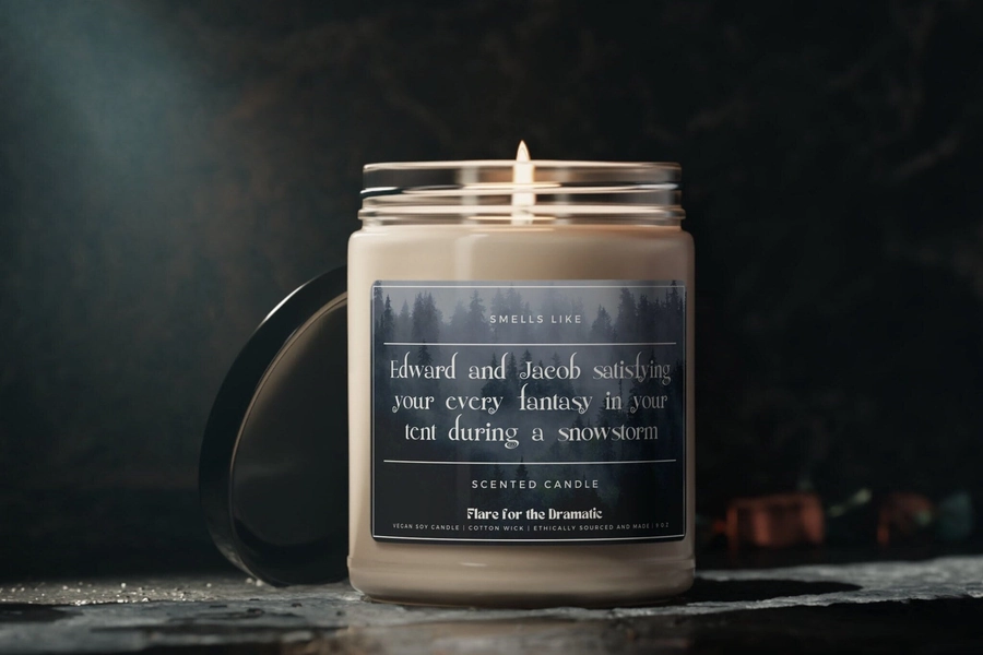 Smells Like Edward & Jacob satisfying your every fantasy in your tent during a snowstorm Scented Candle | Twilight Merch Candles Funny Gift