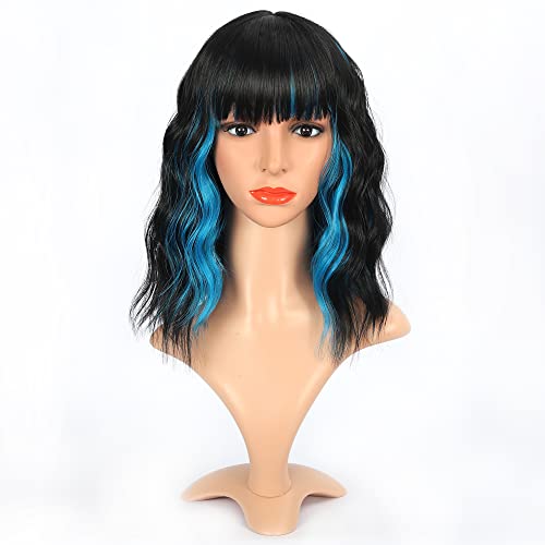 VCKOVCKO Black Short Wavy Wig with Bangs Cosplay Wig Women's Bob Wig Highlight with Blue Hair Streaks Synthetic Wigs for Girls (12",Black Mixed Blue) - Black Mixed Blue