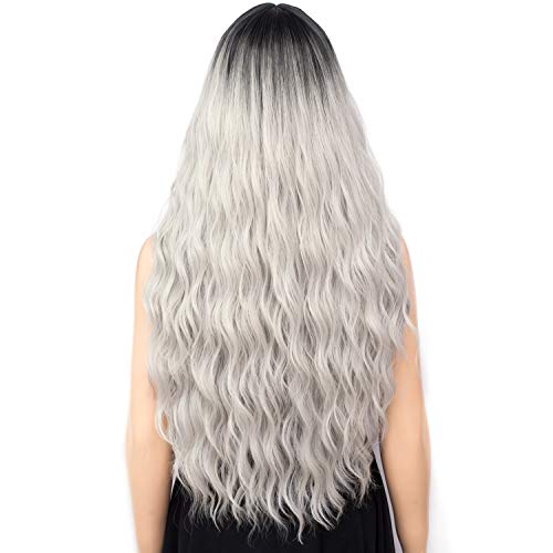 Netgo Wigs for Women, Natural Looking Heat Resistant Long Curly Wig for Girls Ladies Cosplay Party Daily Wear Premium Durable (Black to Ash Silver) - Black to Ash Silver