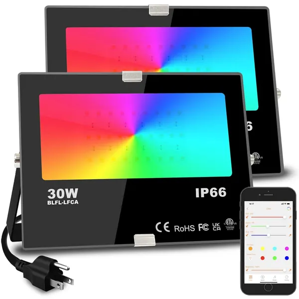 Led Flood Light 300W Equivalent 3000 LM, Outdoor Color Changing Led Stage Landscape Lights, Bluetooth RGBW Smart Floodlights 2700K & 16 Million Colors&Timing& Music Sync, IP66๏ผUS 3-Plug (2 Pack) - 30 Watts