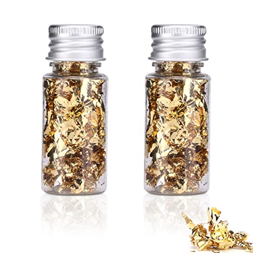 Edible Gold Leaf, 2 Bottles Gold Leaf Flakes Foil Cupcake Cake Toppers for Cakes Chocolates Food Decoration