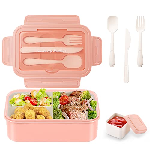 LUZOON Lunch Box, Bento Box Boîte à Déjeuner en Plastique pour Enfant Adulte, 1400ml Boite Bento Boîte à Repas avec Trois Compartiments et des Couverts, sans BPA, pour Micro-Ondes(Rose+Boîte à sauces) - Rosa+sauce Box