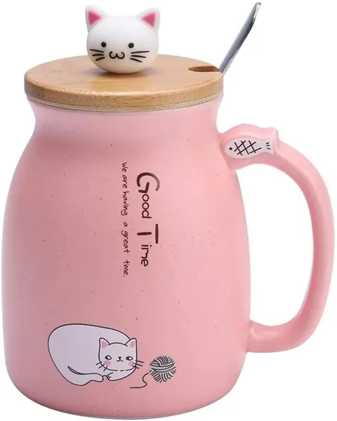 380ml/15oz Ceramic Cat Mugs Mug with Cat Mug,Cute Ceramic Coffee Mug with Lovely Kitty Stainless Steel Spoon Lid（pink）