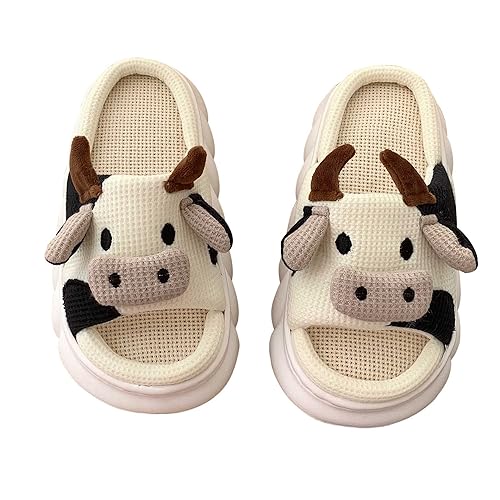 GGOOB Cow Slippers for Women Cute House Slippers Kawaii Slippers Animal Slippers Cute Slides Funny Indoor Slippers - 9-10 Women/8-9 Men - Cow(linen)