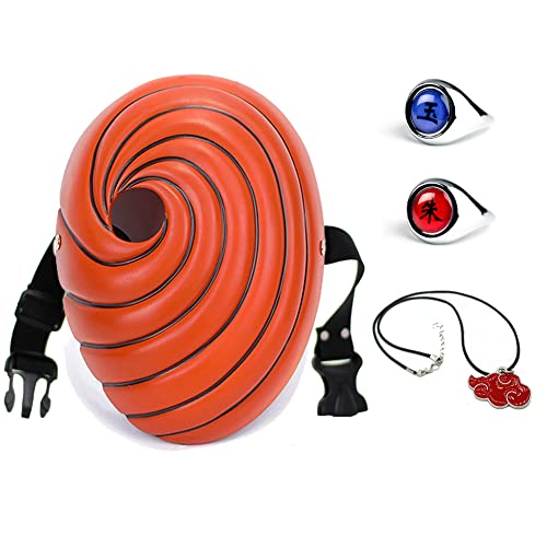 Fusovon 4 PCs Tobi Obito Resin Mask Costume Props Halloween Party Gift for Kids Uchiha Cosplay Set Mask, Necklace & 2 Rings