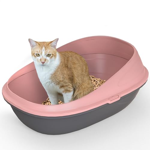 Pop-up Comfort Large High Sided Cat Litter Tray with Detachable Raised Rims, Anti-Spillage & Mess-Free Cat Toilet, Scoopless Cleaning Double Basin & Crate (Candy Rose, 59x39x27)