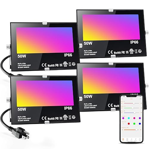 ChangM LED Flood Light Outdoor 500W Equivalent,Bluetooth RGB Flood Lights with APP Control, DIY Scenes,IP66 Waterprooof,Timing,Warm White 2700K Color Uplight - 50W-4Pack