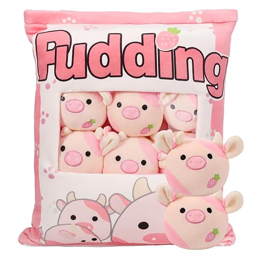 HXPLN Cute Snack Pillow Stuffed Animal Toys, Kawaii Cow Plush Pillow Removable Pudding Pillow Cushion with Cow Plush Dolls, Birthday Creative Gift for Kids, Girls, Boys(6 Strawberry Cow) - 6 Strawberry Cow