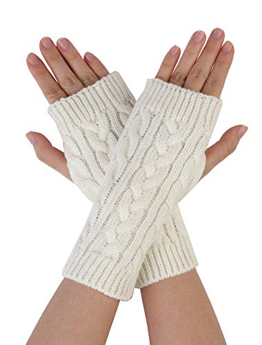 Allegra K Women's Ribbed Wrist Arm Warmers Stretchy Cable Knitted Fingerless Gloves - One Size - White