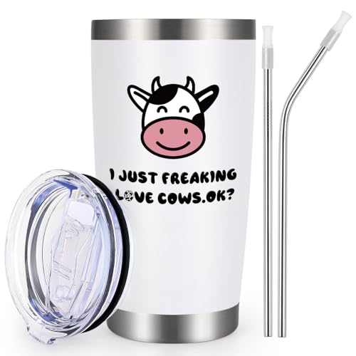 Lifecapido Cow Gifts, I Just Freaking Love Cows Ok 20 oz Travel Tumbler, Cow Themed Gifts Birthday Gifts Christmas Gifts Ideas for Women Cow Lovers Girls Daughter Mom, Cute Cow Tumbler, White - White