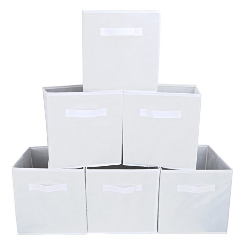 Set of 6 Folding Cube Storage Bins, EZOWare Organiser Basket Containers with Handles, for Home Office Nursery Organisation, 26.7 x 26.7 x 27.8 cm - White - White