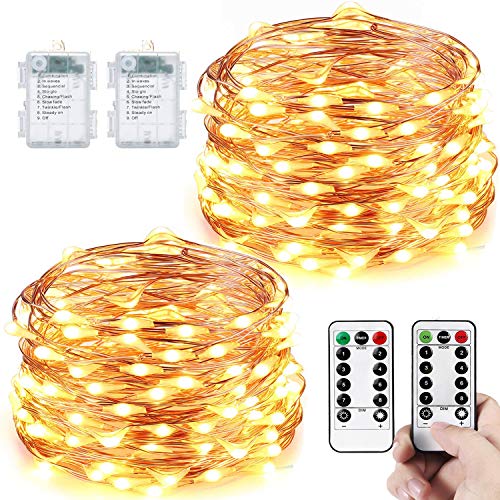 [2 Packs] Fairy Lights Outdoor Waterproof, LeMorcy Total 66ft 200LEDs Battery Powered String Lights with 8 Modes Remote, Copper Wire Twinkle Lights for Bedroom Garden Gazebo Backyard Patio Xmas Décor - Warm White Copper