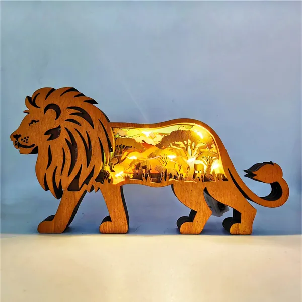 Custom Wooden Carved 3D Multi-layer Hollowing Lion With Light Decoration,Animal Desk Ornament in Forest Landscape,Personalized Gift for Kids