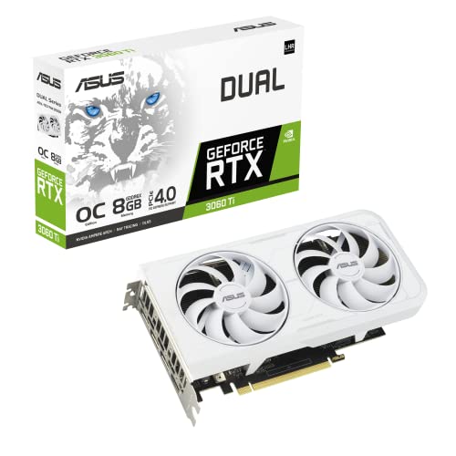 ASUS Dual NVIDIA GeForce RTX 3060 Ti White OC Edition Graphics Card (PCIe 4.0, 8GB GDDR6X Memory, HDMI 2.1, DisplayPort 1.4a, 2-Slot Design, Axial-tech Fan Design, 0dB Technology, and More) - 3060TI - DUAL-RTX3060TI-O8GD6X-WHITE