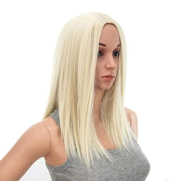 SWACC 14-Inch Short Straight Middle Part Hair Wig Medium Length Synthetic Heat Resistant Wigs for Women with Wig Cap (Platinum Blonde) - Platinum Blonde