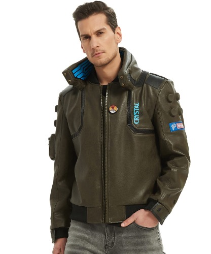 HOTIME Men's Luminous Stand Collar PU Leather Samurai Jacket Gamer Cosplay Costume, XS-XXL - Large Oliver Green