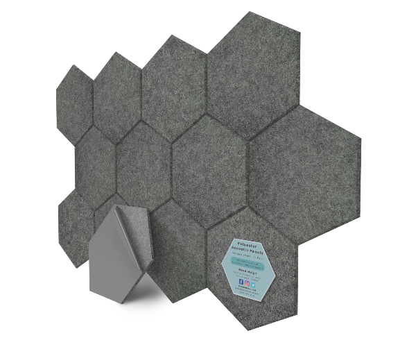 Hexagon Polyester Acoustic Panels - 12 Pack | Eco-Friendly Sound Absorption | Easy Peel & Stick Installation - Smoke