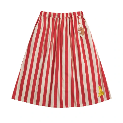 Harajuku Summer Women's A-line Skirt Red Stripes Calf-length Original Niche Cartoon Bear Female Cotton Midi Skirts Elastic Waist